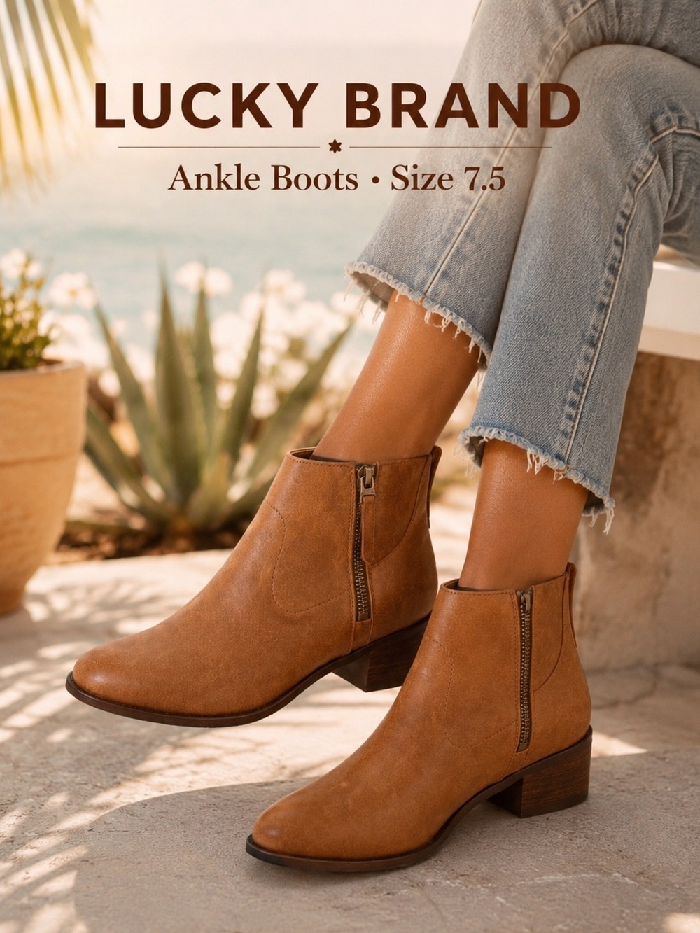 Lucky Brand Leather Ankle Boots Women’s 7.5 Brown Western Chelsea Booties